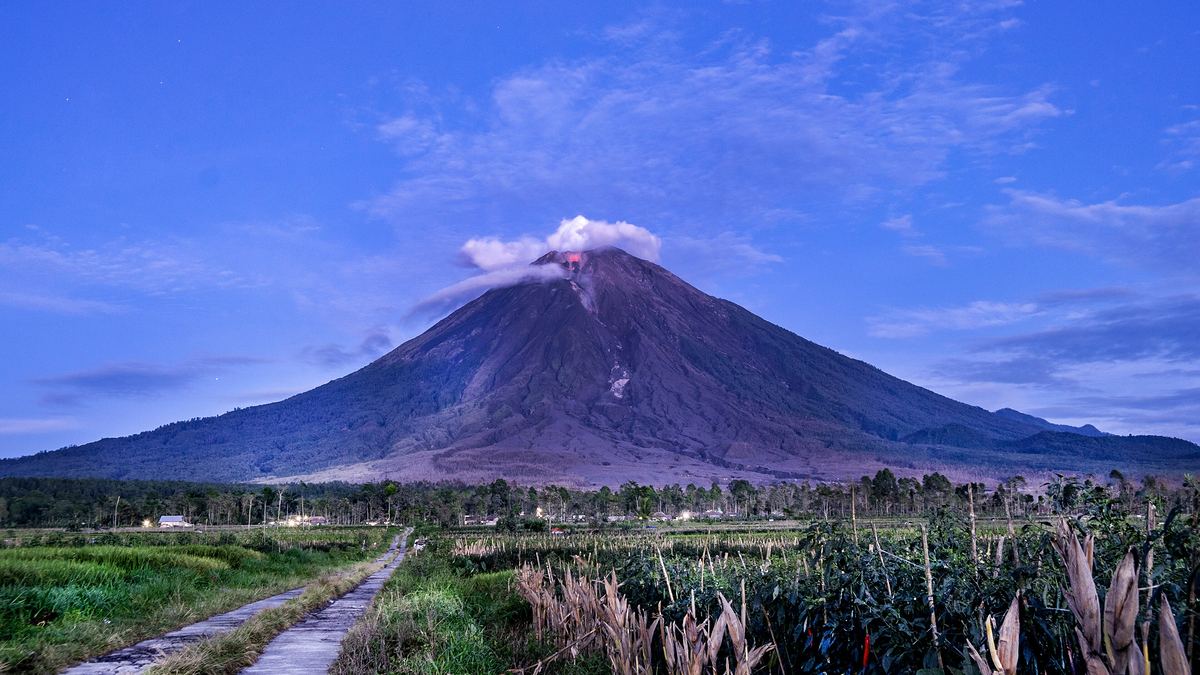 Kerucut Gunung Semeru dengan kepulan asap tipis dari kawah Jonggring Saloka